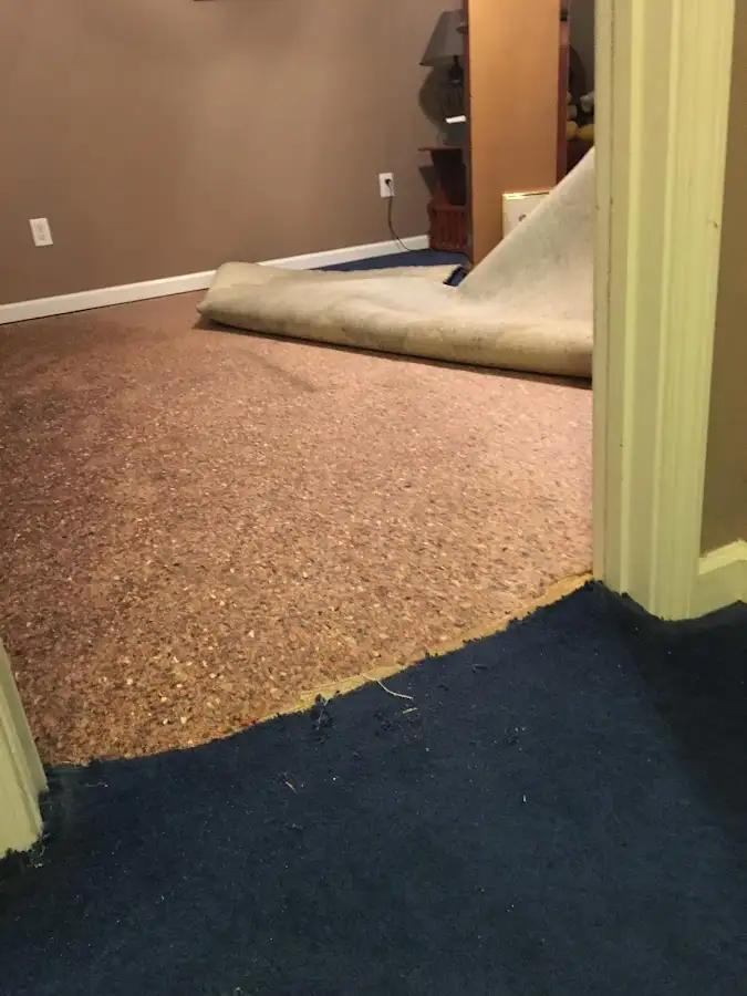 Carpet pad removal revealing water damage during Water Mitigation Services in Lake Station